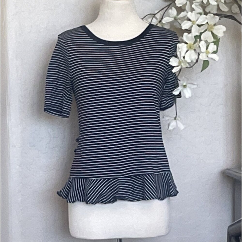 Banana Republic Womens XS Stripe Short SlvRuffle Hem Supima Cotton Couture Tee